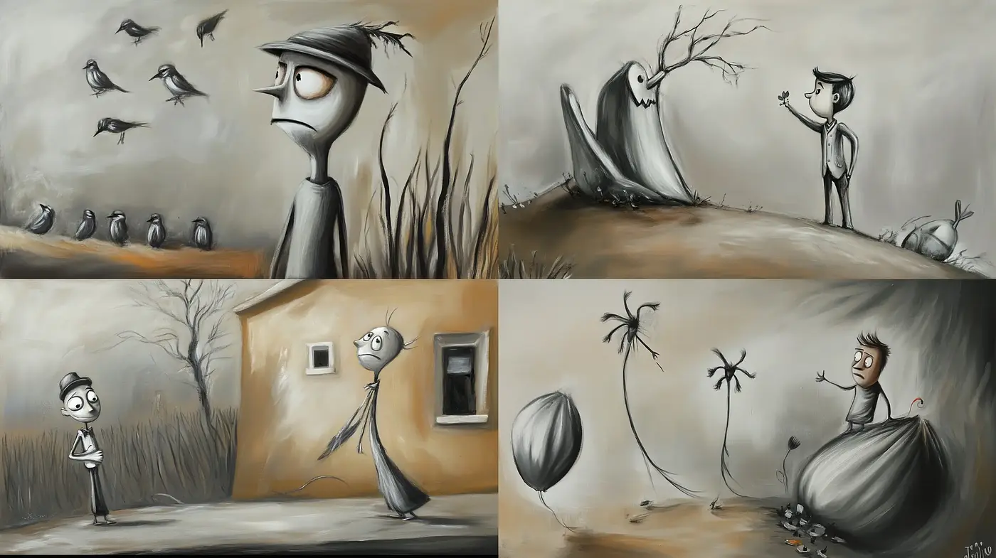 Monochrome Whimsy: An Eerie Dance with Shadows and Light - Midjourney sref style