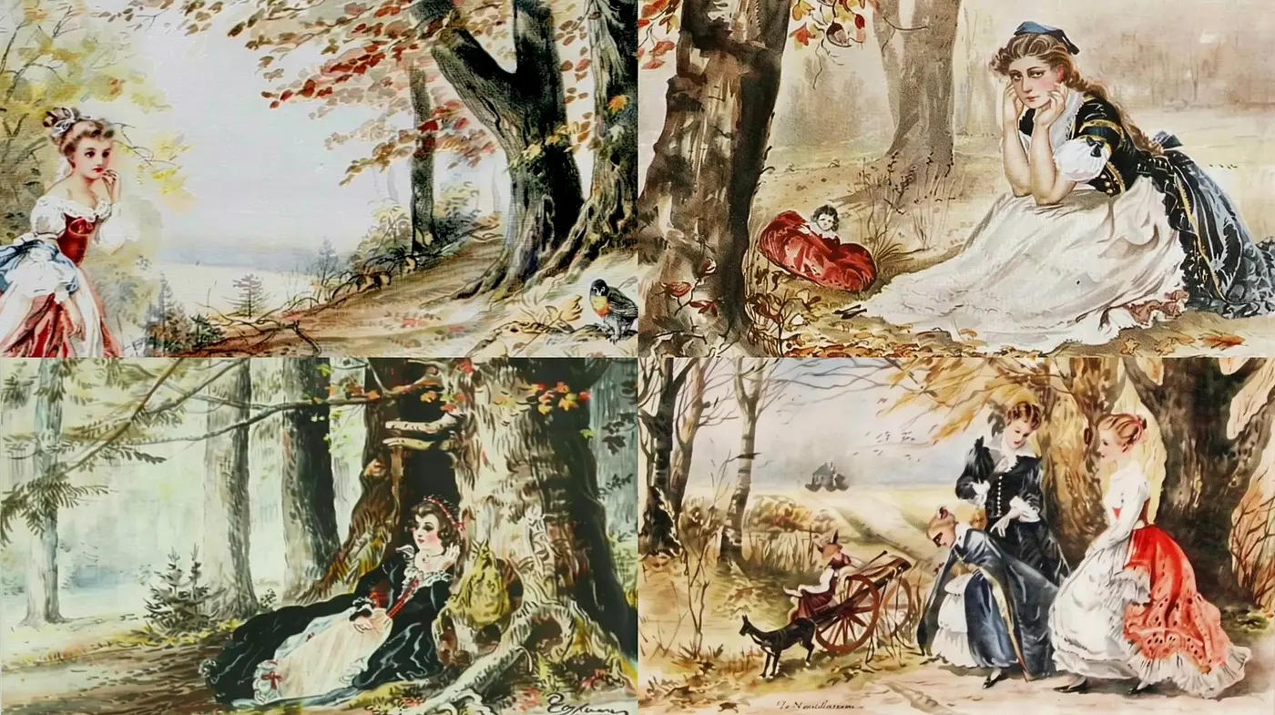 Consistent Romantic Pastoral Vignettes with a Watercolor Essence - Midjourney sref style