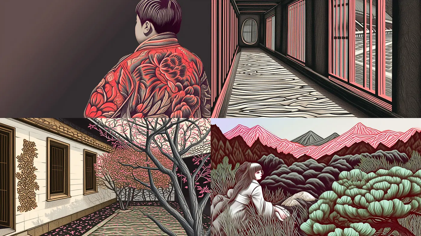 Ethereal Twilight: A Fusion of Vintage Woodblock and Modern Graphic Novel Aesthetics - Midjourney sref style
