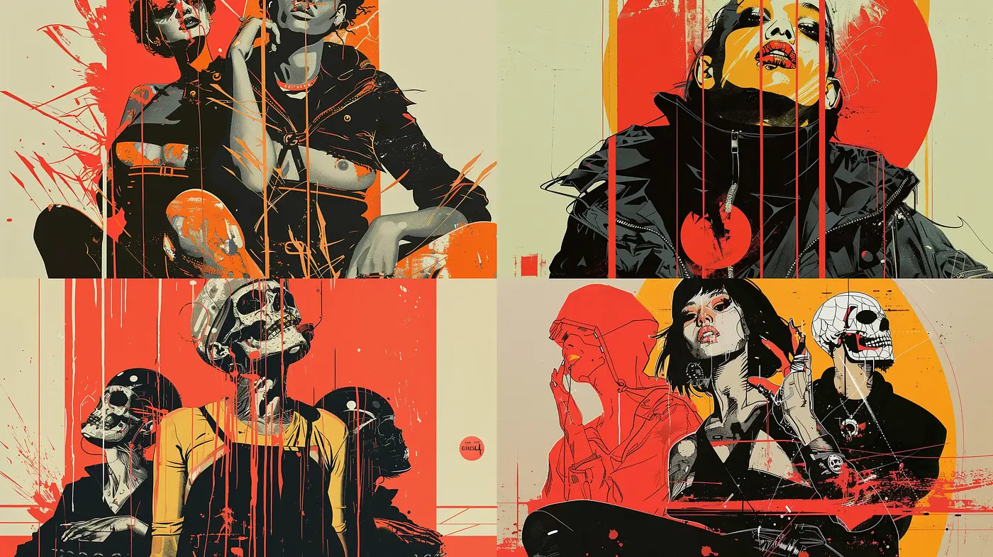 Stylized Graphic Novel Art with Energetic Contrast - Midjourney sref style