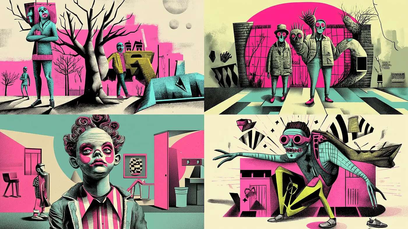 Surreal Retrofuturism with a Satirical Twist - Midjourney sref style