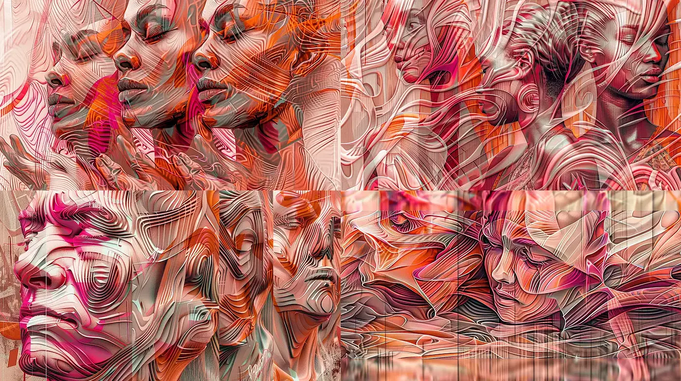 Intricate Abstract Portrayals with Fluid Forms and Textured Lines - Midjourney sref style