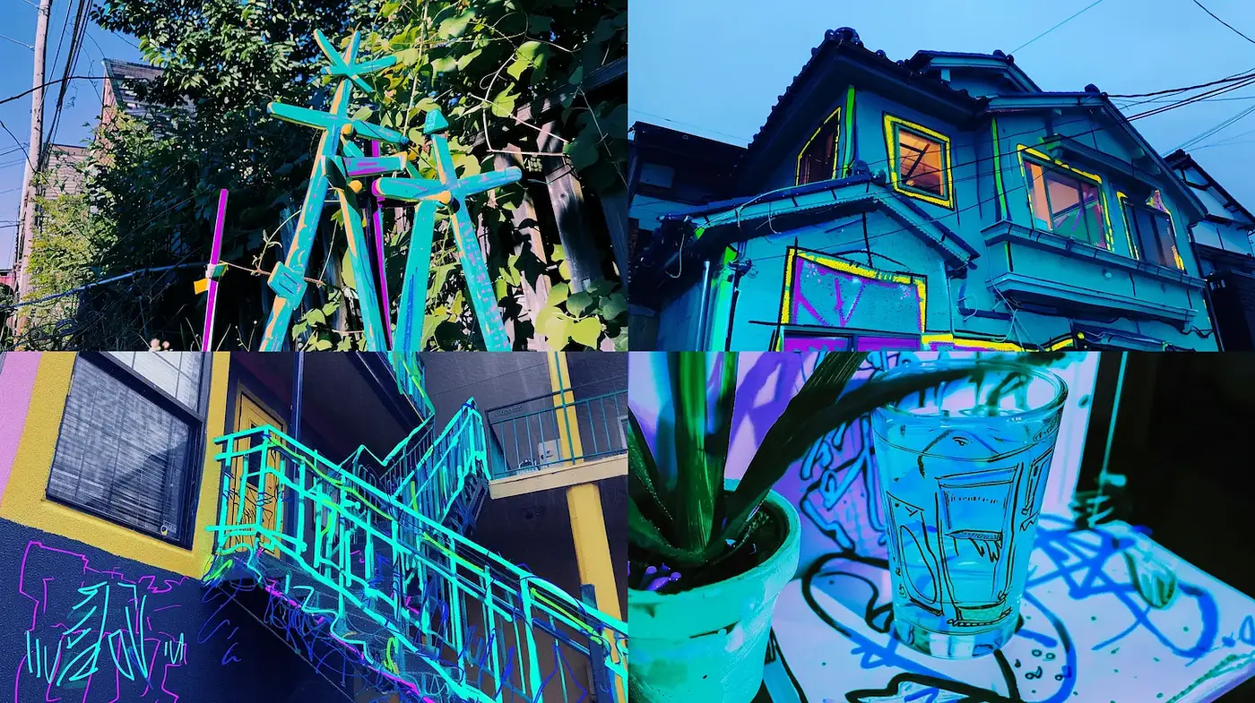 Vivid Neon Aesthetics with Urban Elements and Playful Textures - Midjourney sref style