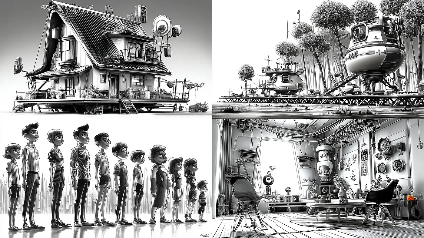 Futuristic yet nostalgic black-and-white style with intricate details - Midjourney sref style