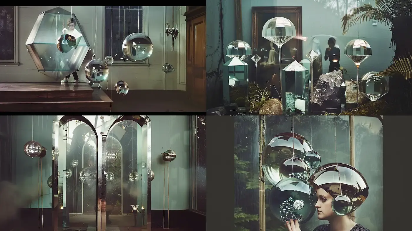Surrealist Exploration of Reflections and Forms in a Timeless Space - Midjourney sref style