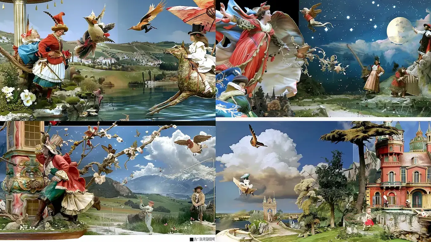 Surrealistic landscapes with whimsical elements in a harmonious blend of nature and fantasy - Midjourney sref style