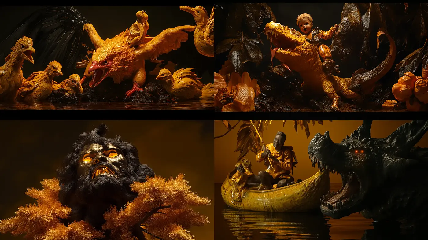 Baroque-Inspired Fantastical Imagery with Amber Tones and Dramatic Lighting - Midjourney sref style