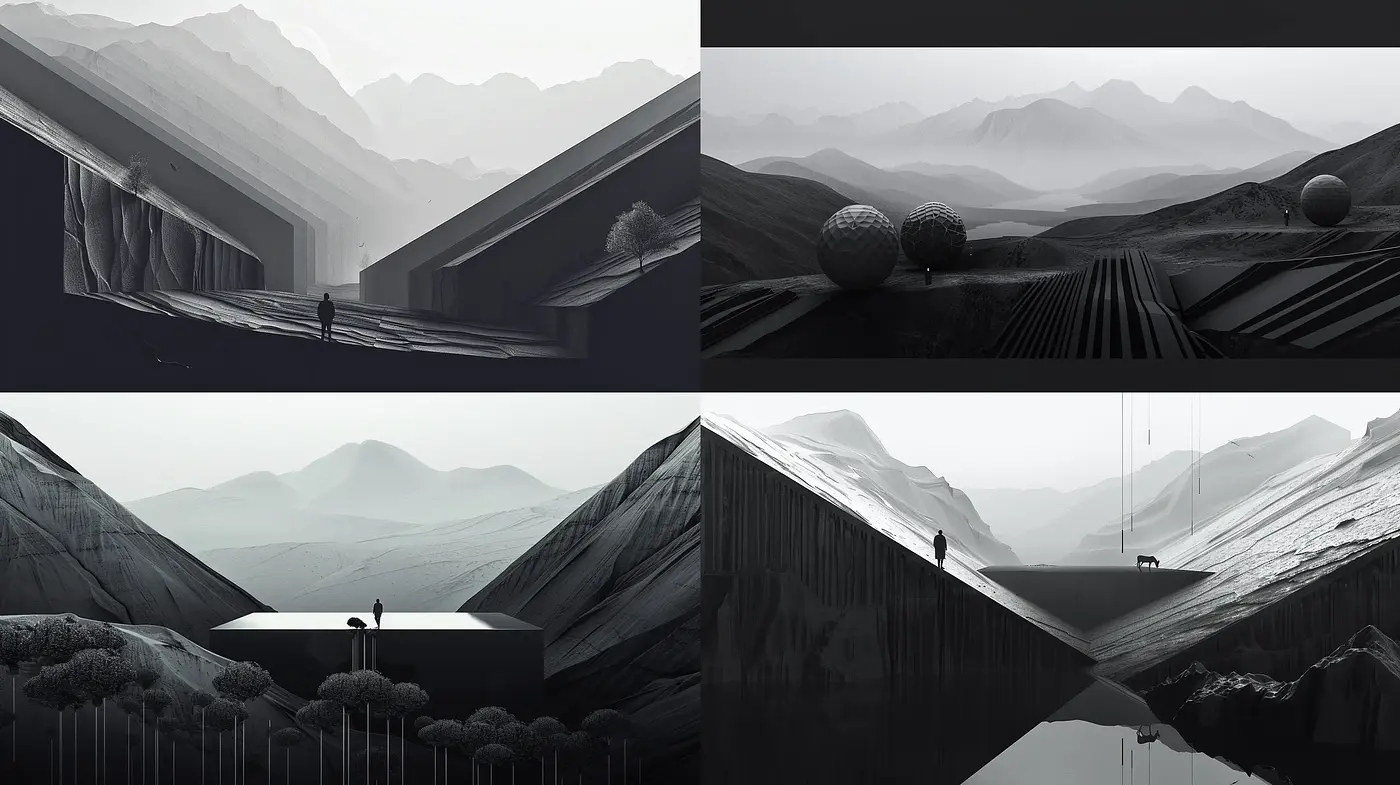 Monochromatic Tranquility: A Homage to Minimalist Serenity in Landscapes - Midjourney sref style