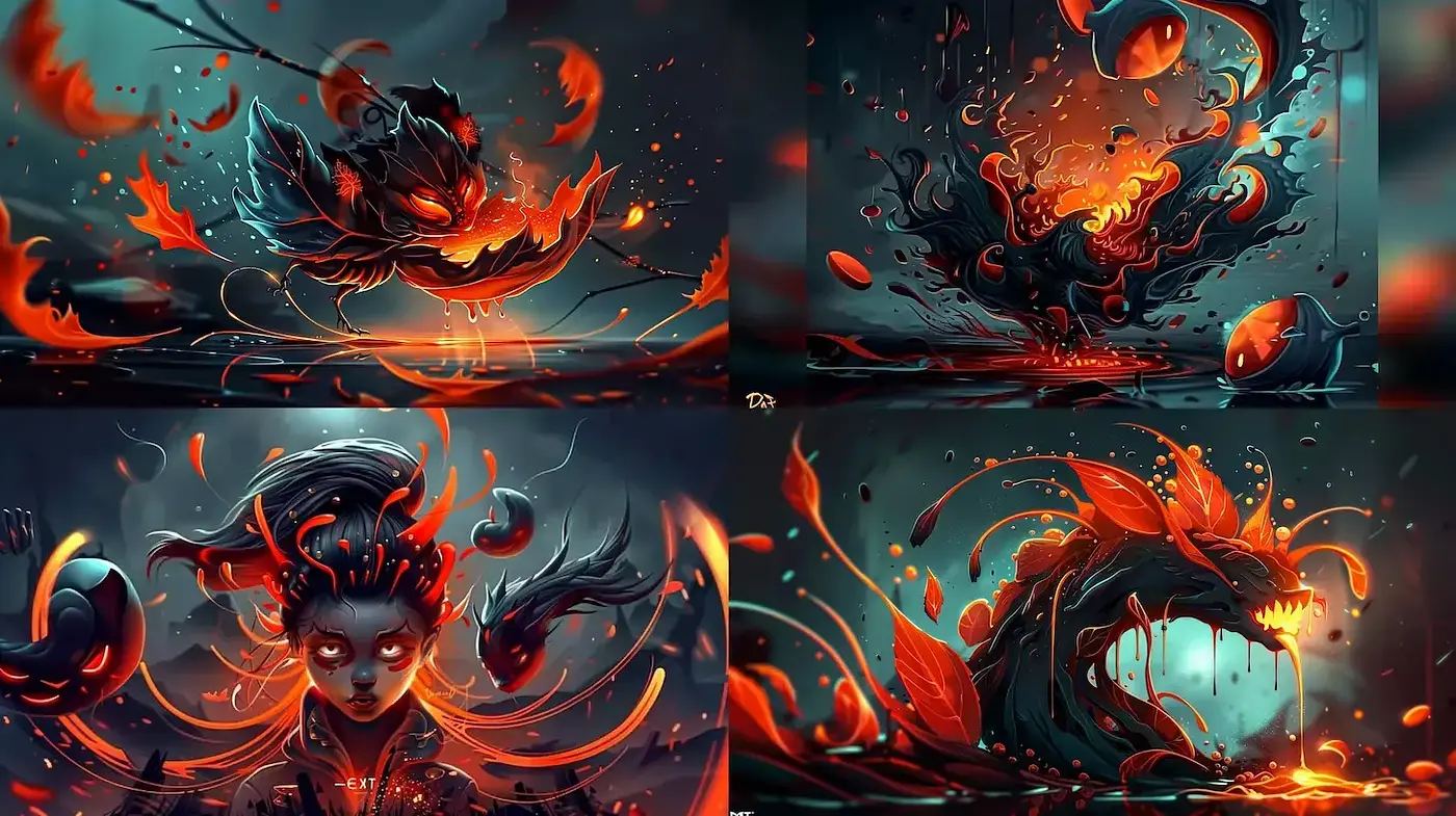 Dynamic and Fiery Fantasy Art with Ethereal Elements - Midjourney sref style