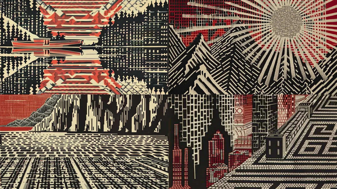 Geometric Harmony: A Fusion of Abstract Linear Patterns and Monochromatic Tones - Midjourney sref style