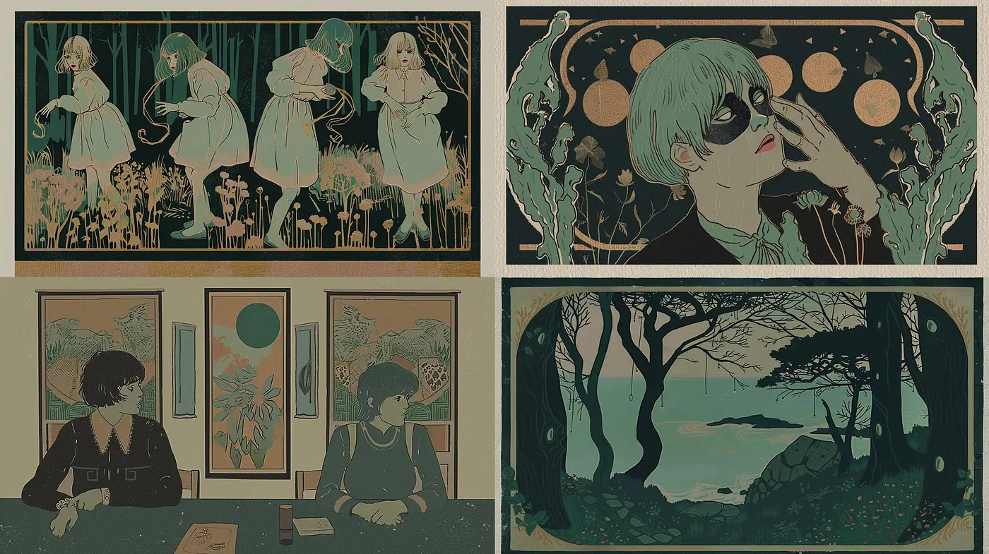 Ethereal Nocturne: A Synthesis of Art Nouveau Fluidity and Contemporary Fantasy - Midjourney sref style
