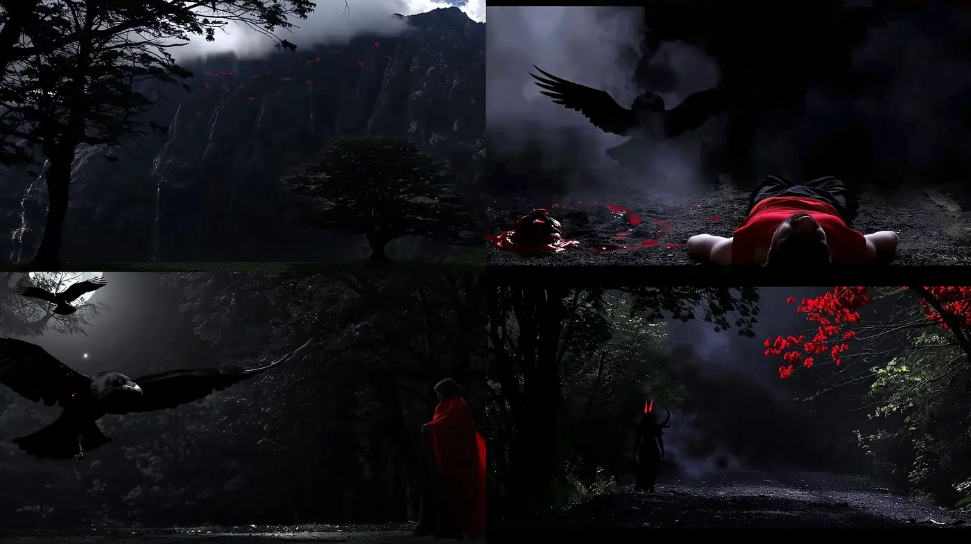 Ethereal Nocturne: A Cinematic Tapestry of Dark Ambience and Crimson Highlights - Midjourney sref style