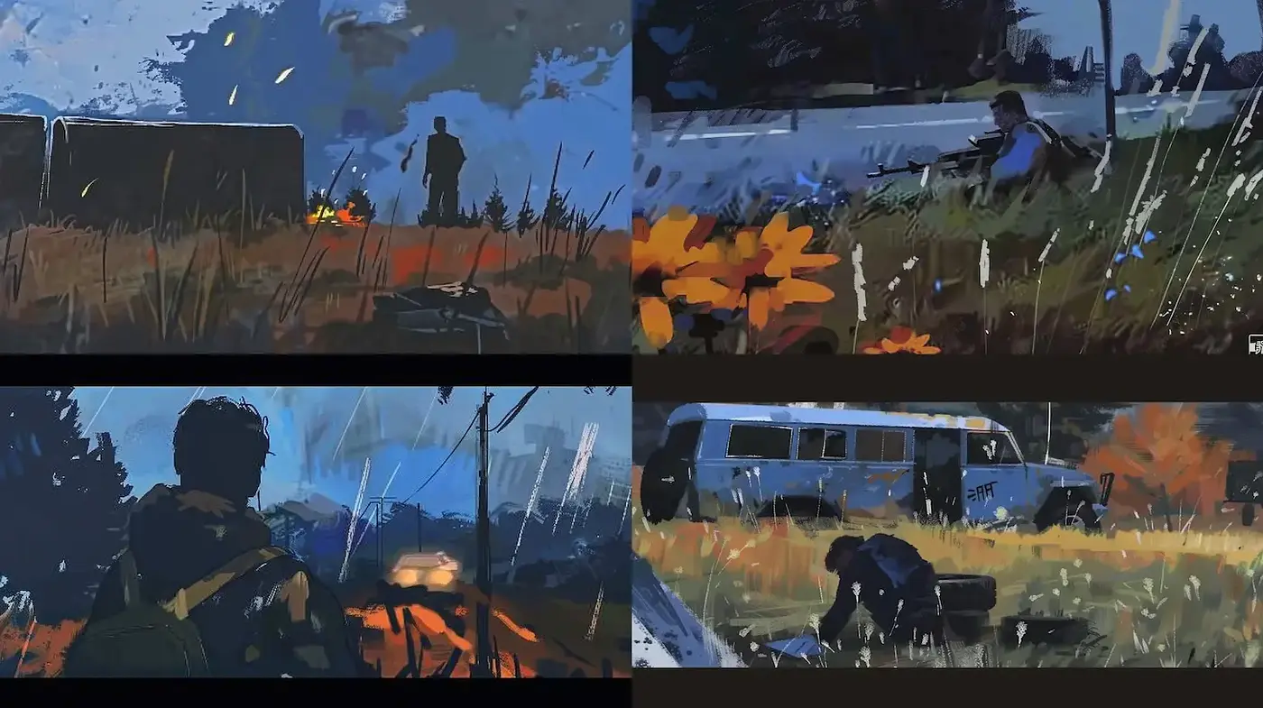 Dynamic yet subdued storytelling through bold brushwork and atmospheric settings - Midjourney sref style