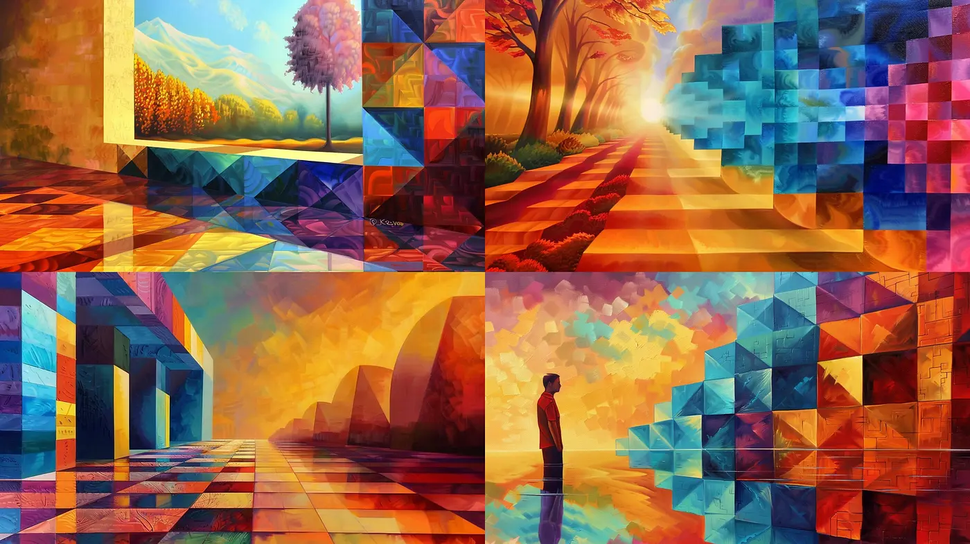 Transcendent Luminous Fusion: A Harmonious Blend of Vibrant Tones and Abstract Geometry - Midjourney sref style