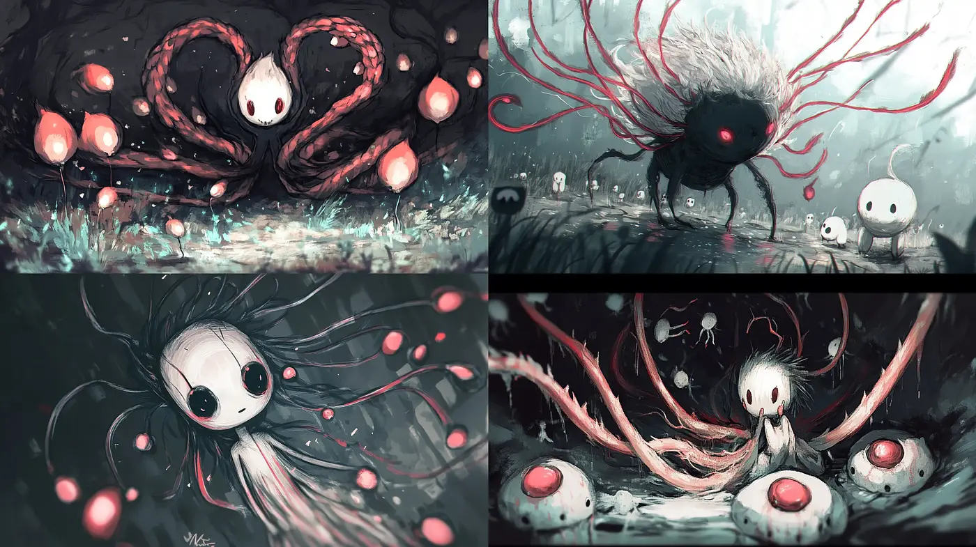 Whimsical Monochrome Dreamscape with Surreal Creatures - Midjourney sref style