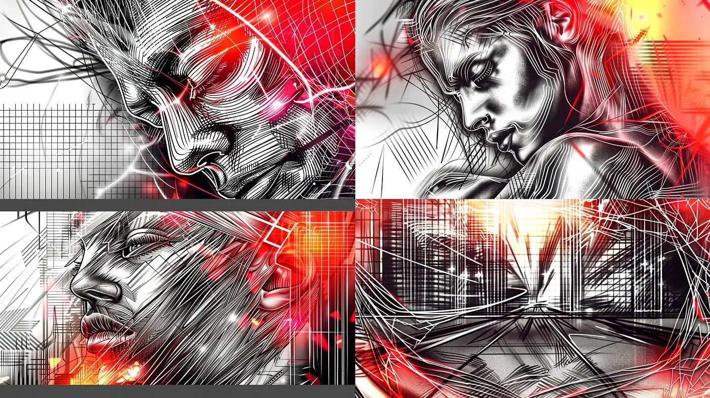 Futuristic Cybernetic Synthesis with Sketch-like Precision and Red Neon Accents - Midjourney sref style