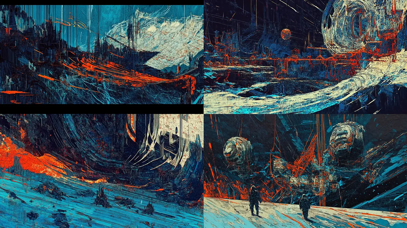 Abyssal Echoes: Turbulent Brushwork in Shades of Cerulean Mystery - Midjourney sref style