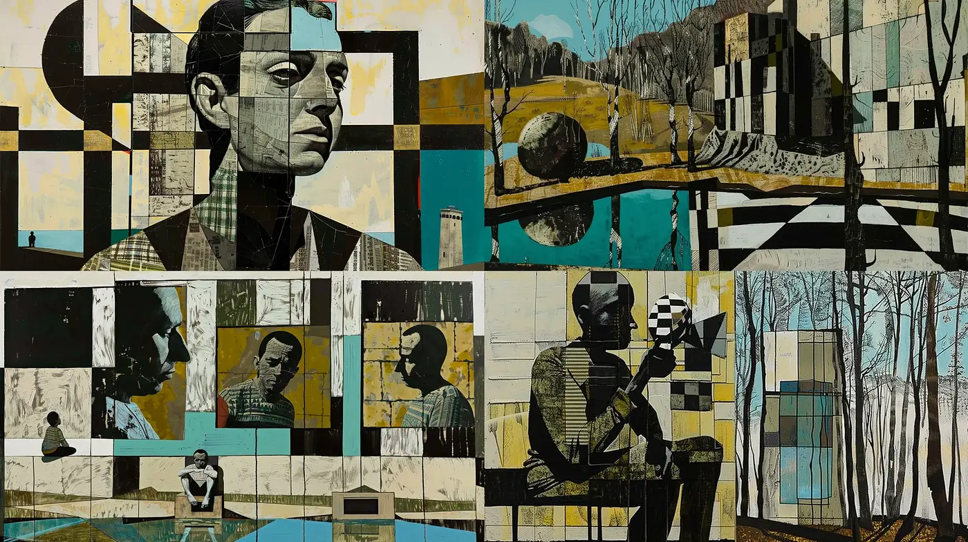 Fragmented Narrative Collage in a Cinematic Expressionist Style - Midjourney sref style