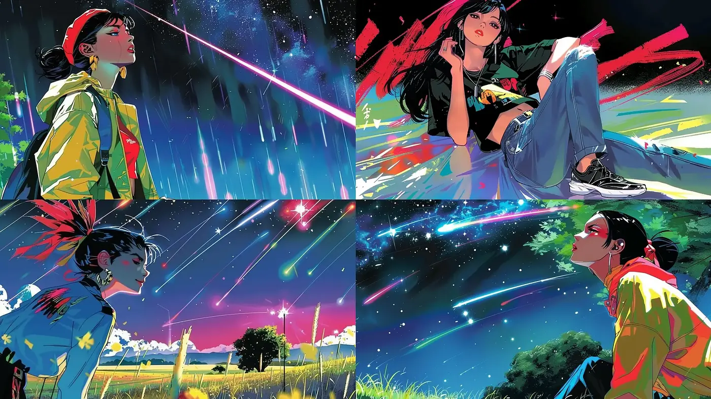 Luminous Dreamscape: A Fusion of Vibrant Anime Aesthetics and Starry Night Impressions - Midjourney sref style