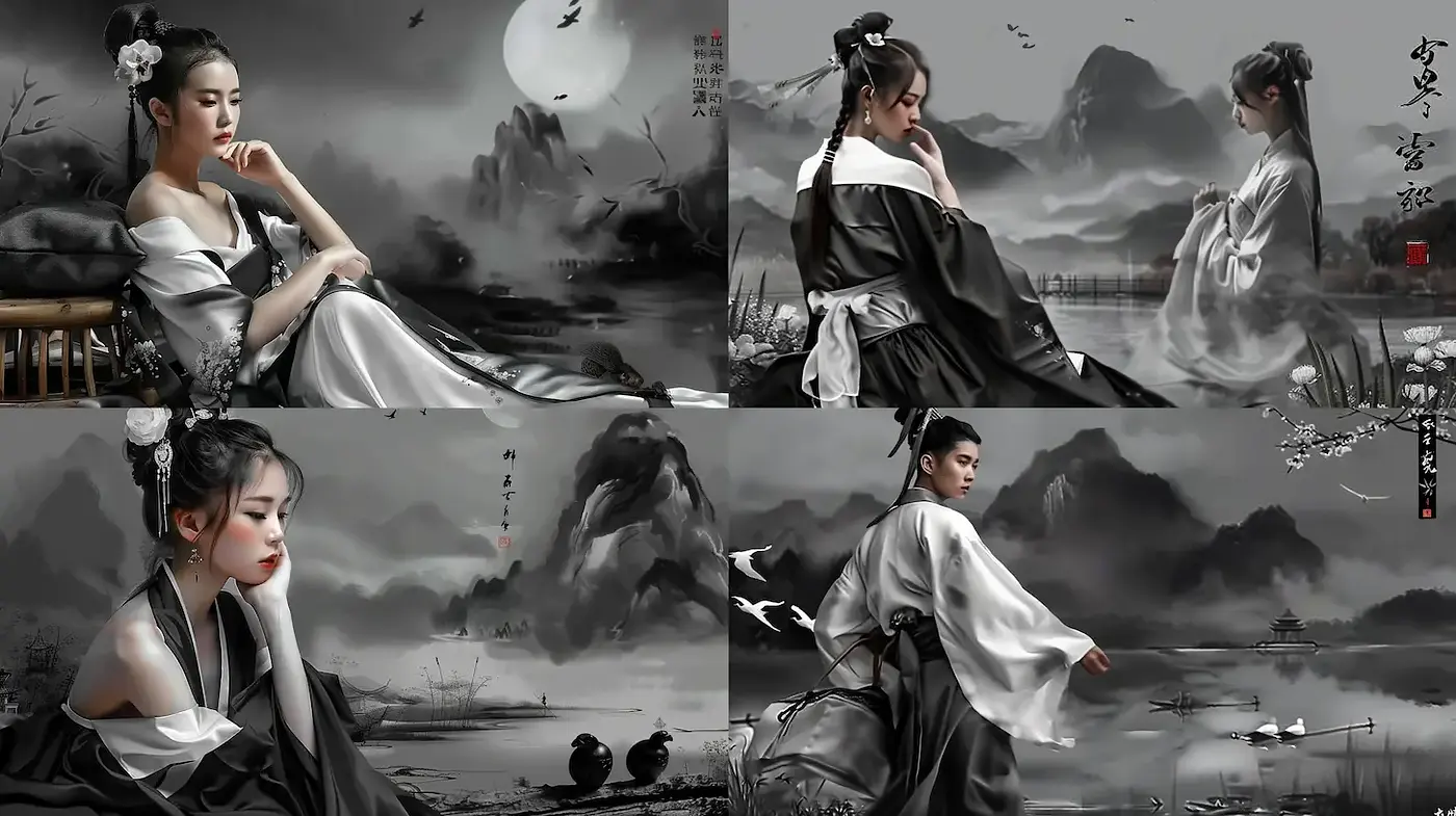 Elegant and Ethereal Chinese Ink Style with Fluid Composition - Midjourney sref style