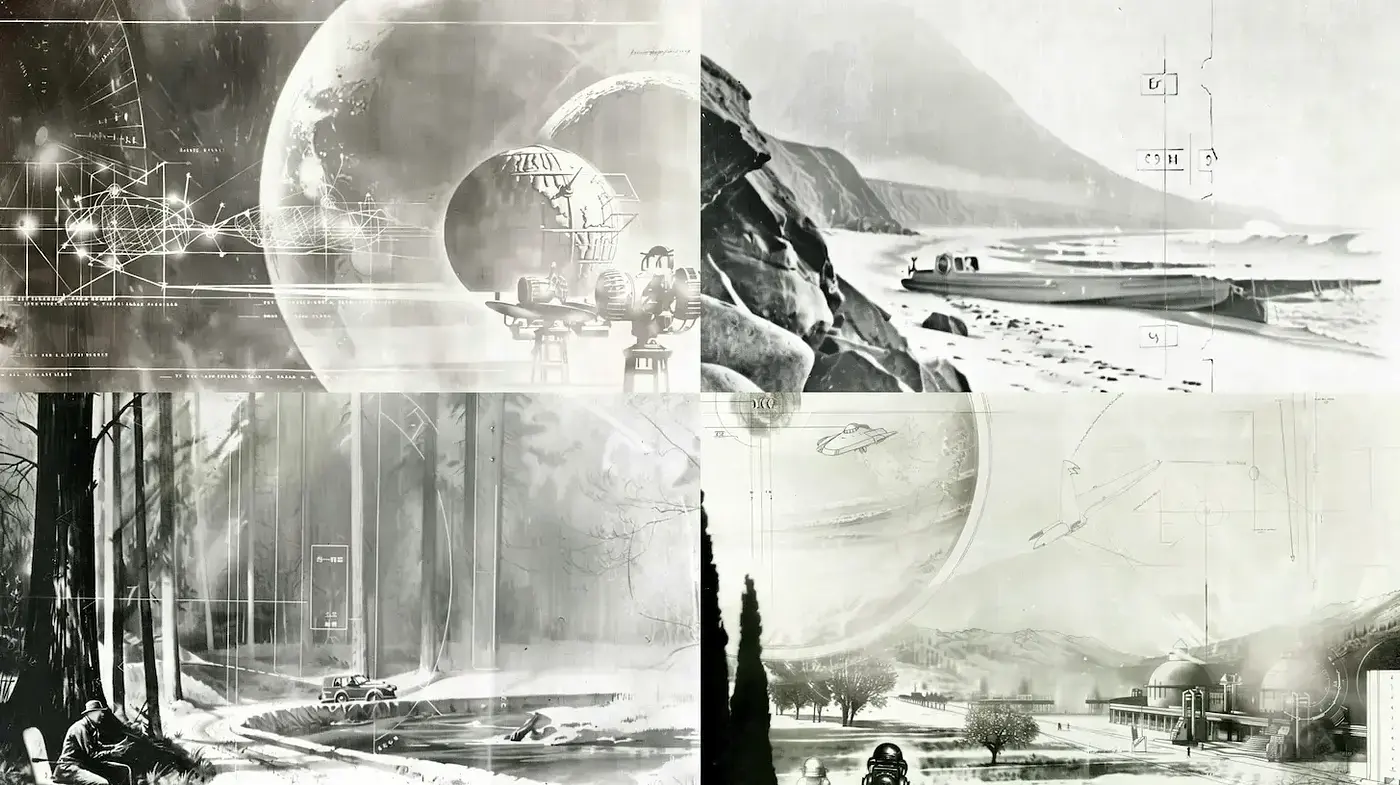Sleek and Ethereal Sci-Fi Dreamscape in Monochrome - Midjourney sref style