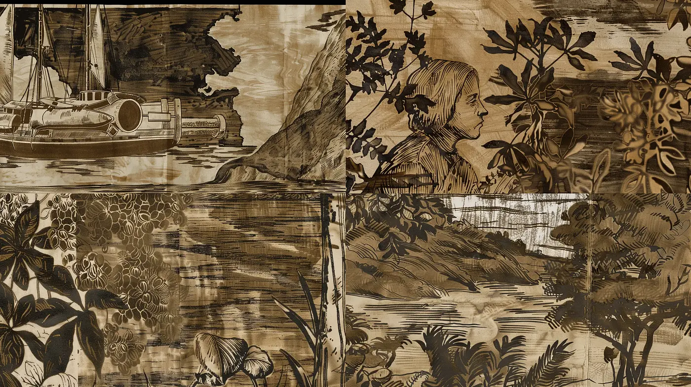 Sepia-Toned Nature and Nautical Themed Illustrations - Midjourney sref style