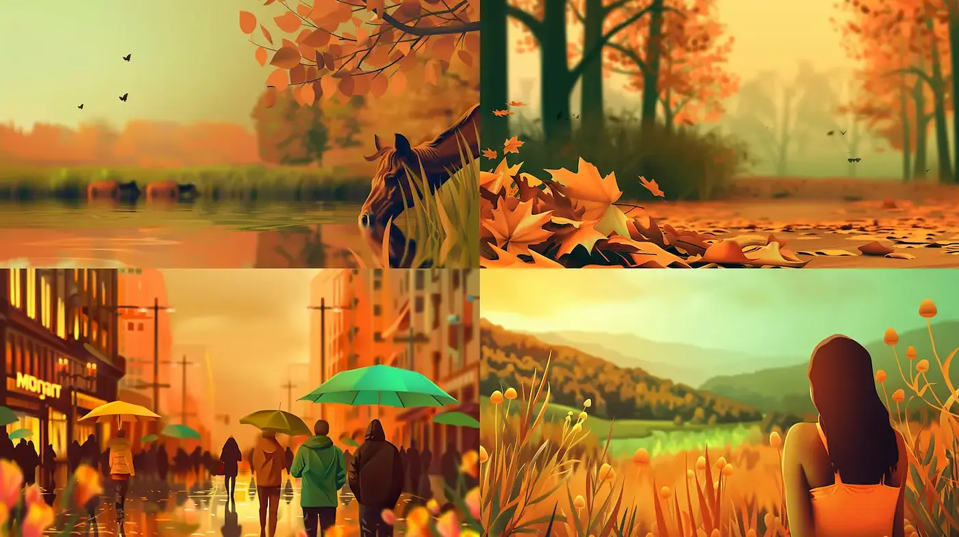 Warm Autumnal Aesthetic with a Vibrant Sunset Glow - Midjourney sref style