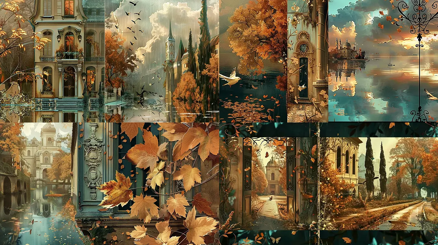 Ethereal Autumn Dreamscape: A Fusion of Surrealism and Neo-romantic Nostalgia in Digital Art - Midjourney sref style