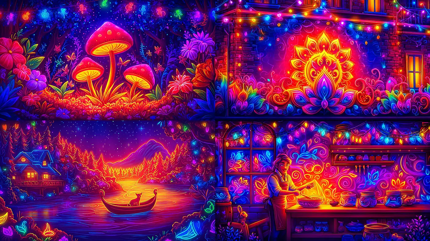 Vibrant, luminescent whimsical landscapes with intricate details - Midjourney sref style