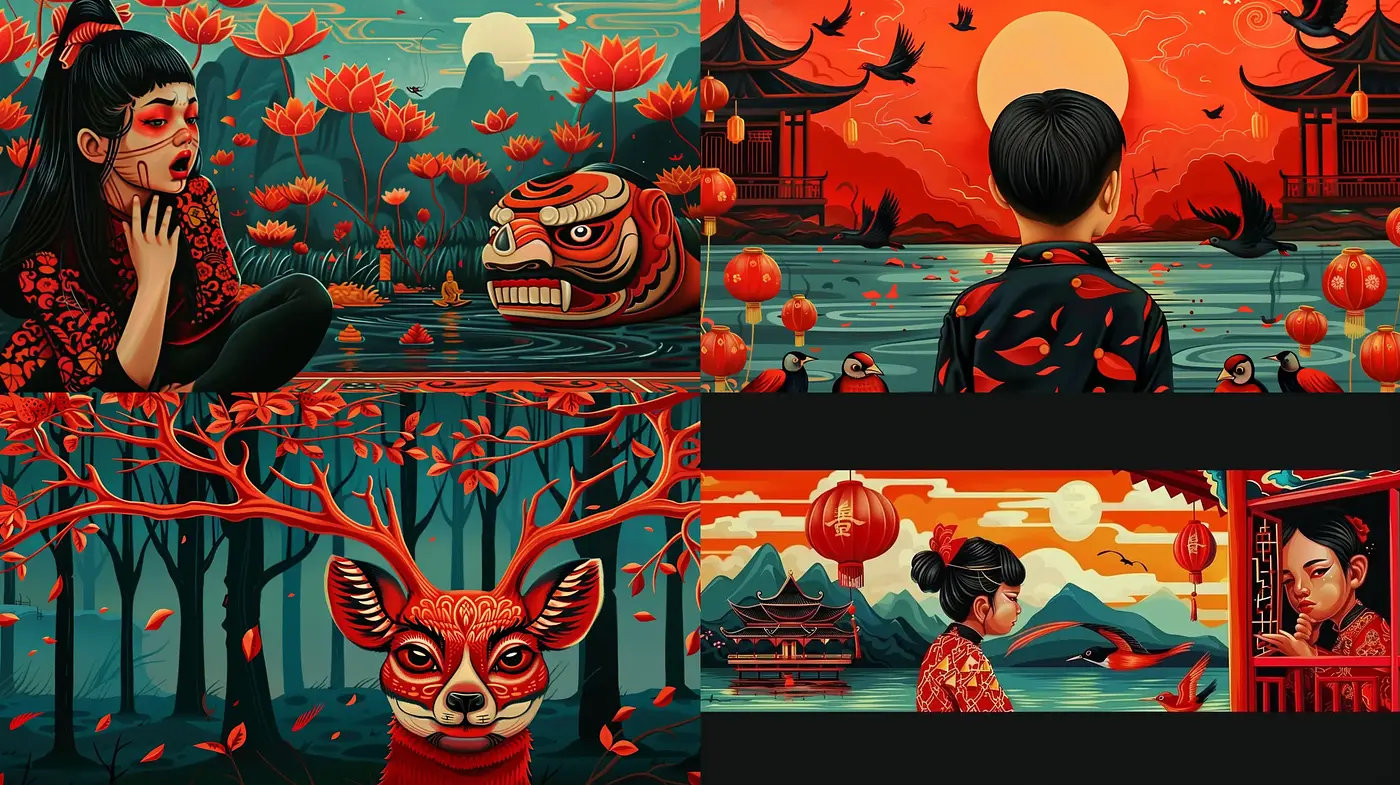 Vibrant Eastern Mythology in Contemporary Illustrative Art - Midjourney sref style
