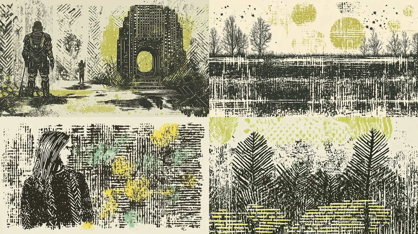 Rustic Woodblock Print Fusion with Abstract Expressionism - Midjourney sref style