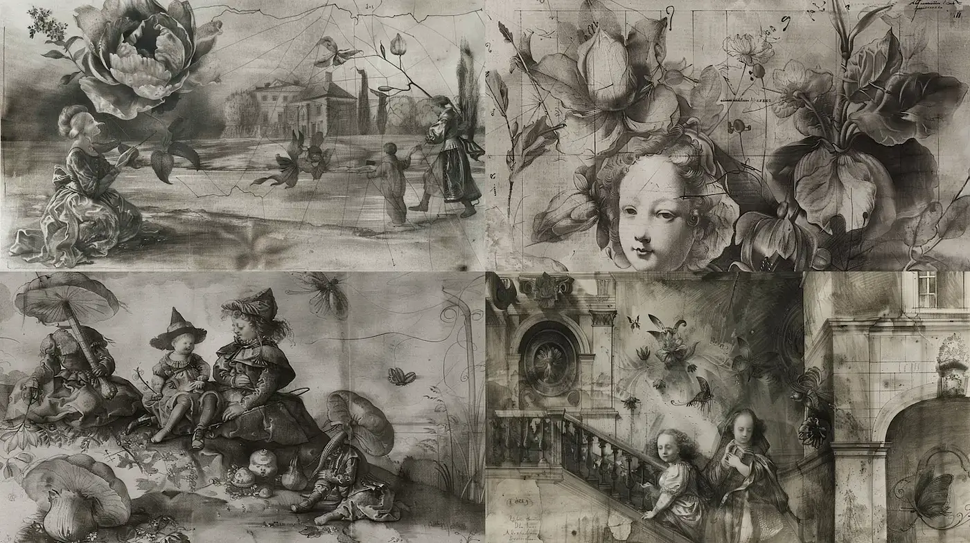 Detailed Baroque-inspired Artwork with a Muted Monochromatic Aesthetic - Midjourney sref style