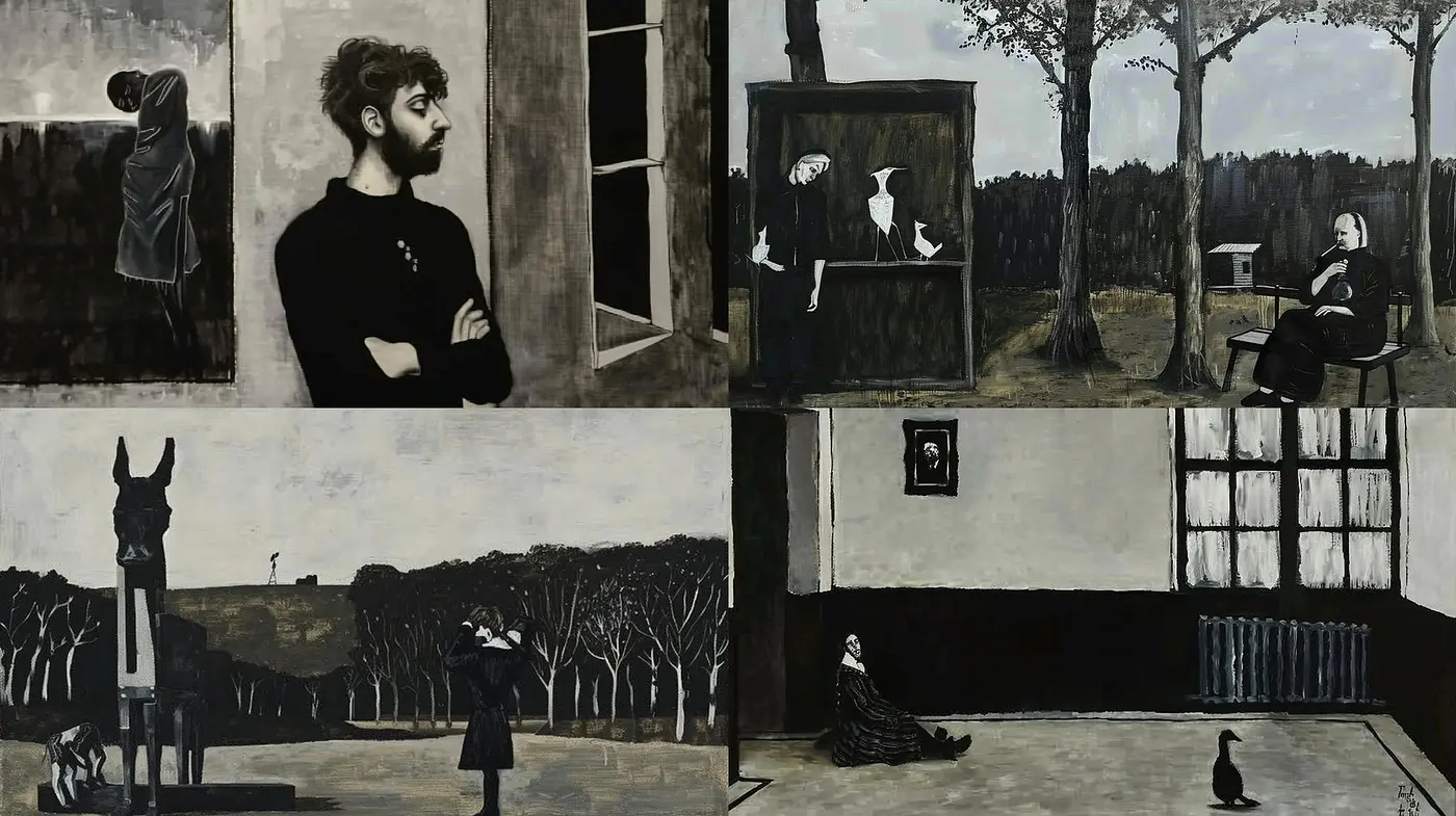Monochromatic Melancholy: A Homage to Surrealist Contemplation and Solitude - Midjourney sref style