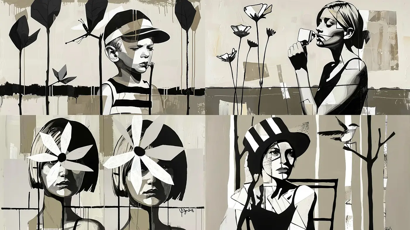 Monochromatic Whimsy: A Stylized Exploration of Abstract Portraiture - Midjourney sref style