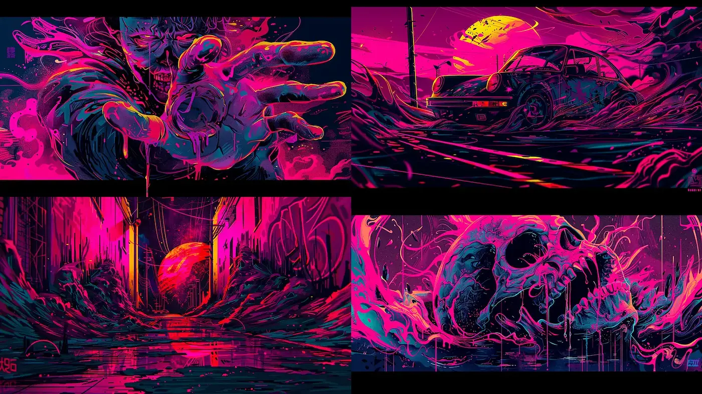 Vibrant Surrealism with a Neon Dystopian Flair - Midjourney sref style