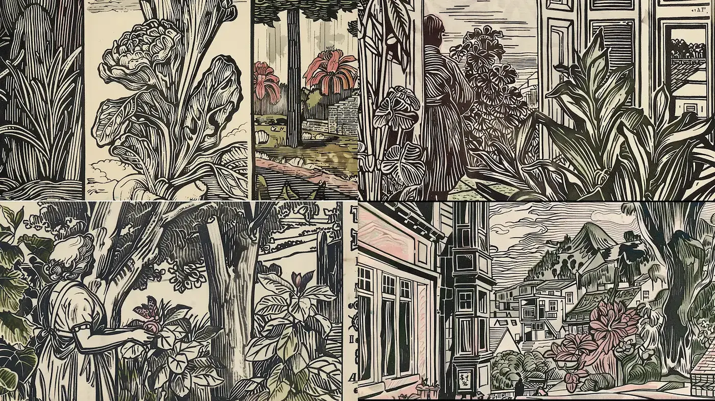Intricately Detailed Vintage Woodcut Inspired Imagery - Midjourney sref style