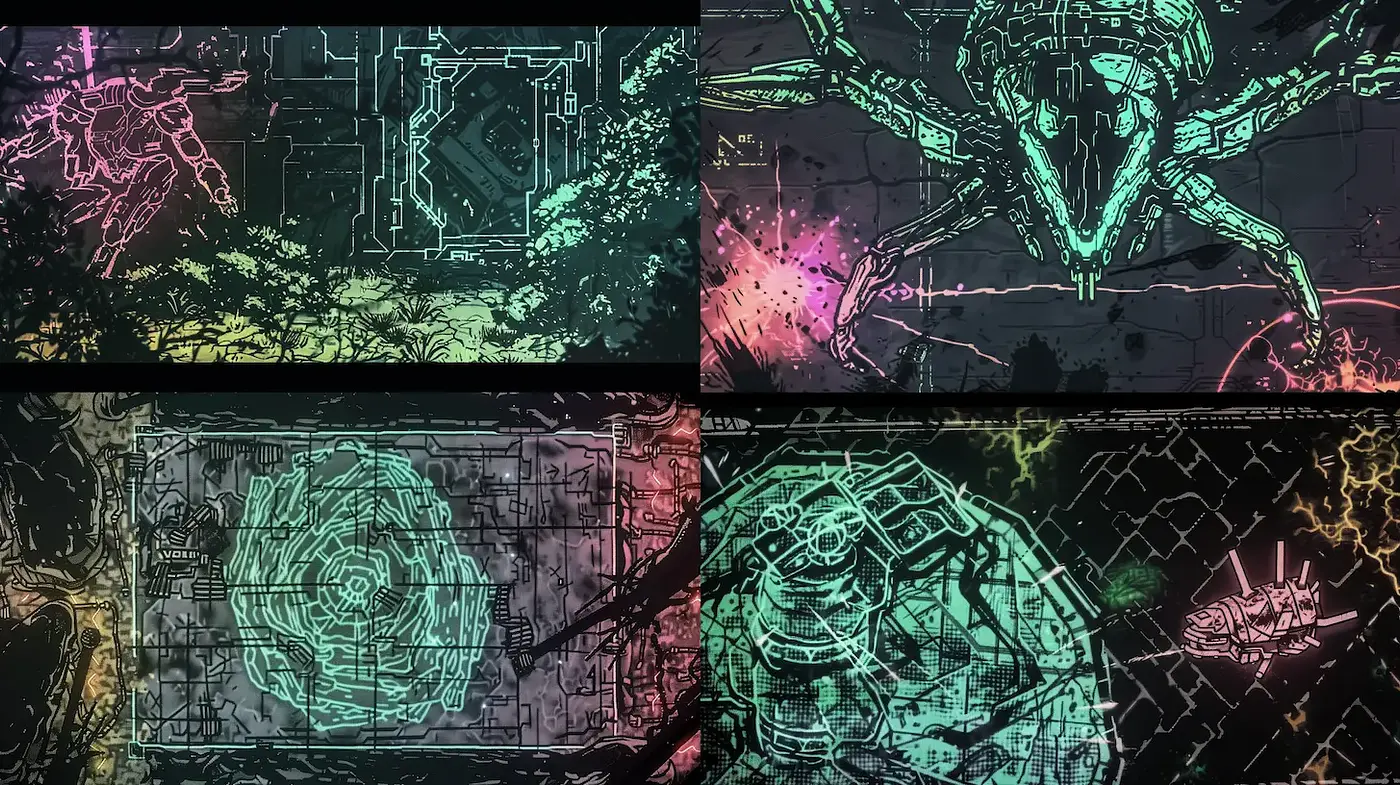 Futuristic Tech Noir Assemblage with Vibrant Neon Accents - Midjourney sref style