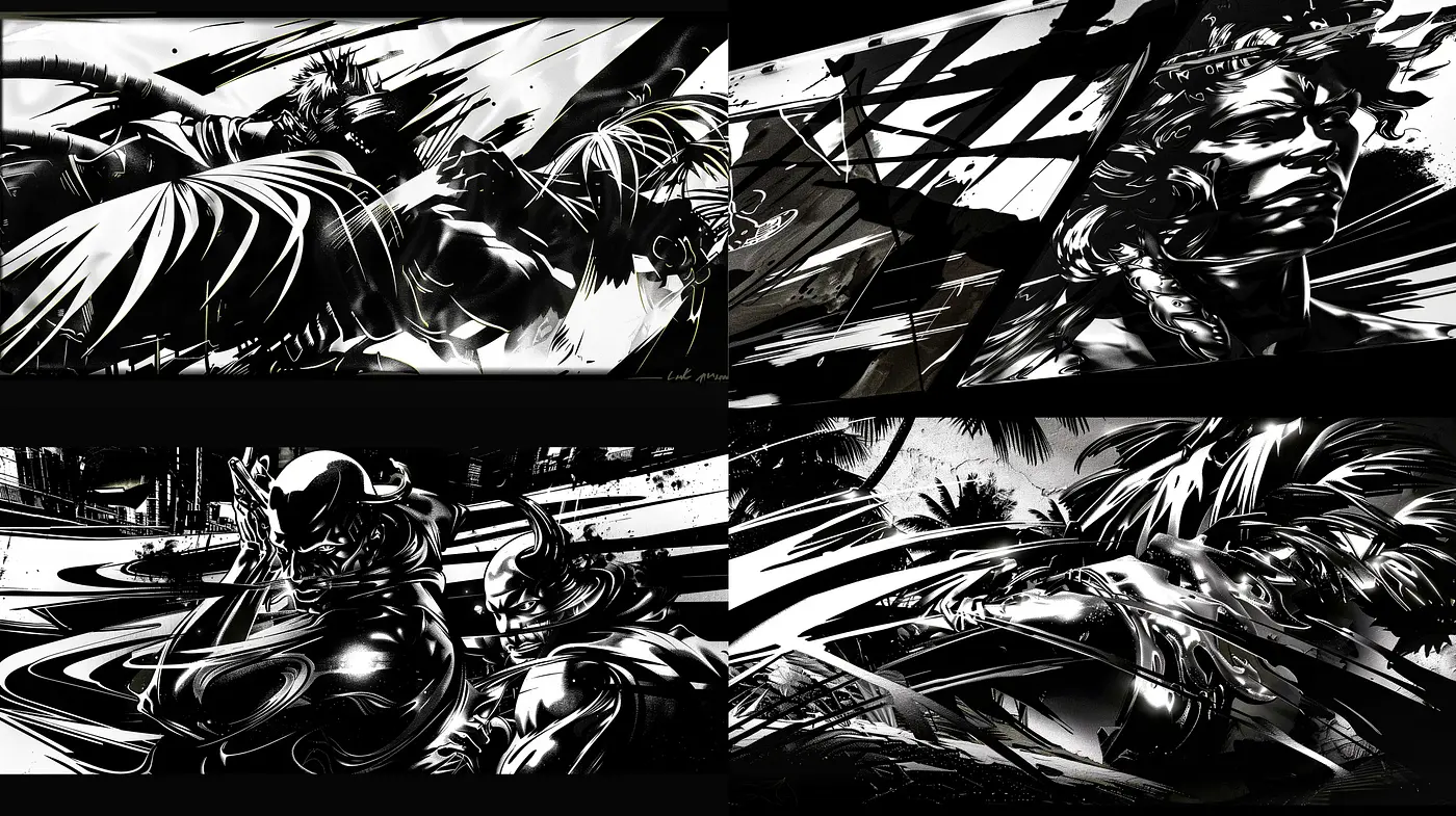 Monochromatic Dynamism: A Tale of Movement and Contrast - Midjourney sref style