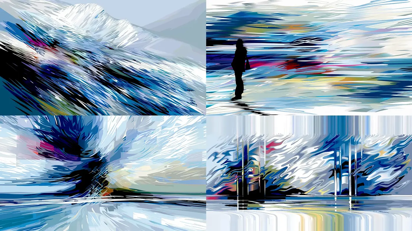 Dynamic Brushstroke Impressions in Cool Tones with Abstract Realism - Midjourney sref style