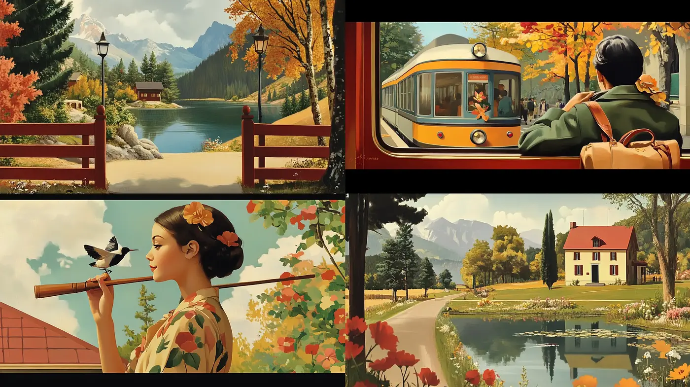 Autumnal Serenity in Stylized Pastoral Scenes - Midjourney sref style