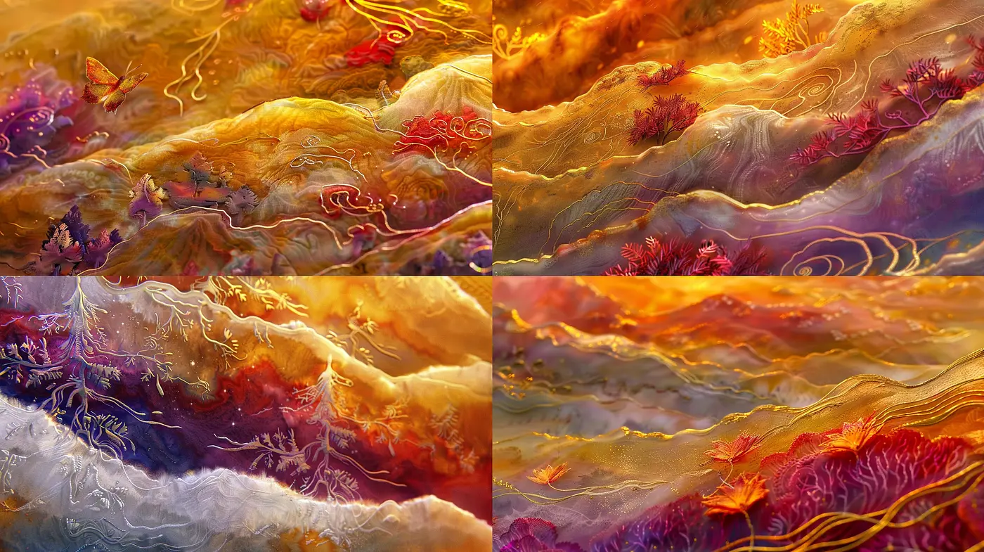 Ethereal Dreamscape Symphony: A Harmonious Blend of Vivid Hues and Flowing Textures - Midjourney sref style
