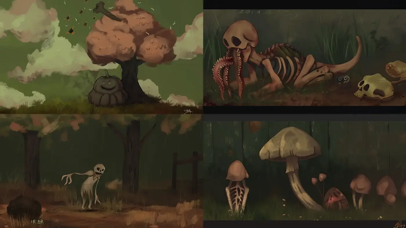 Whimsical yet eerie illustration style with a hand-painted aesthetic - Midjourney sref style