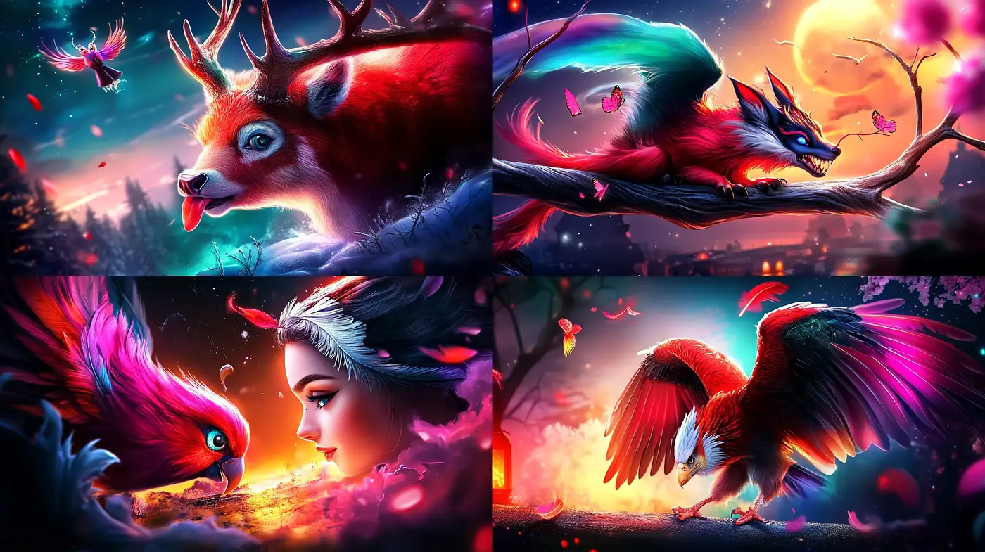 Enchanted Twilight: A Fantastical Fusion of Vivid Hues and Dream-Like Imagery - Midjourney sref style