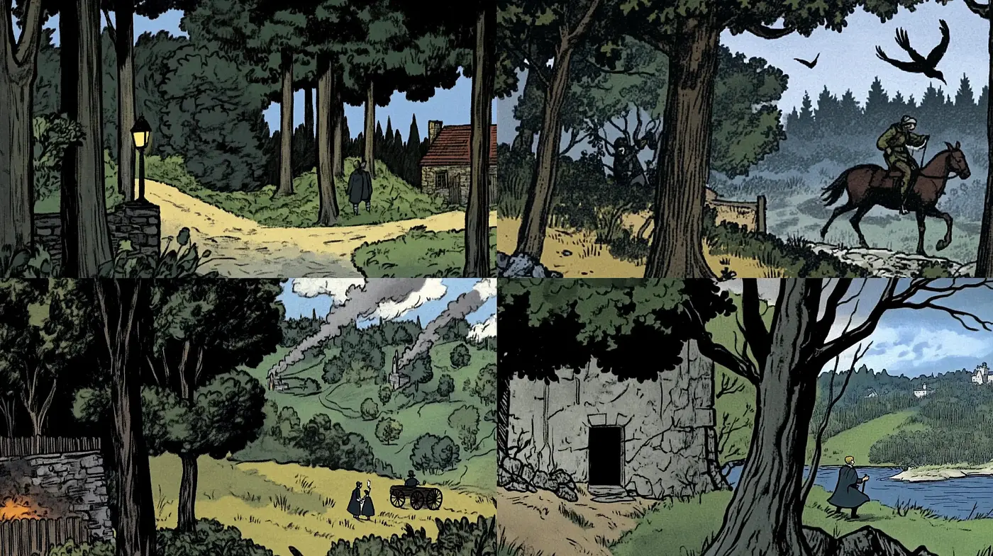 Enchanted Forests and Countrysides: A Graphic Novel-Inspired Tableau - Midjourney sref style