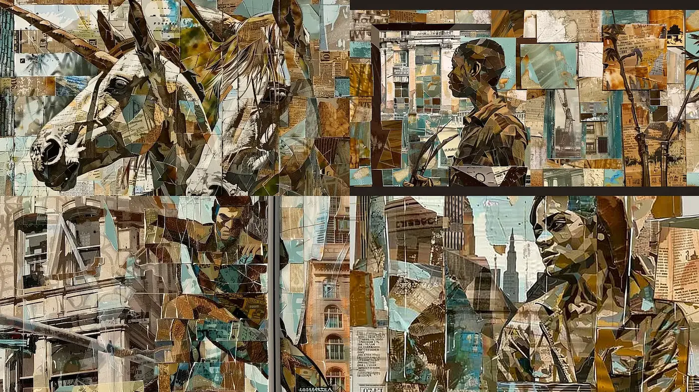 A captivating fusion of urban scenes and figurative elements with a textured collage aesthetic - Midjourney sref style