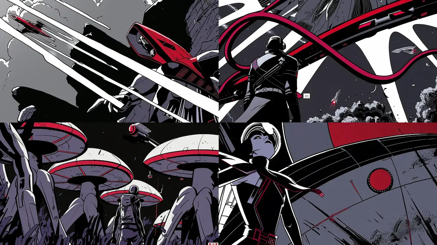 Futuristic comic-inspired monochrome artwork with vivid highlights - Midjourney sref style