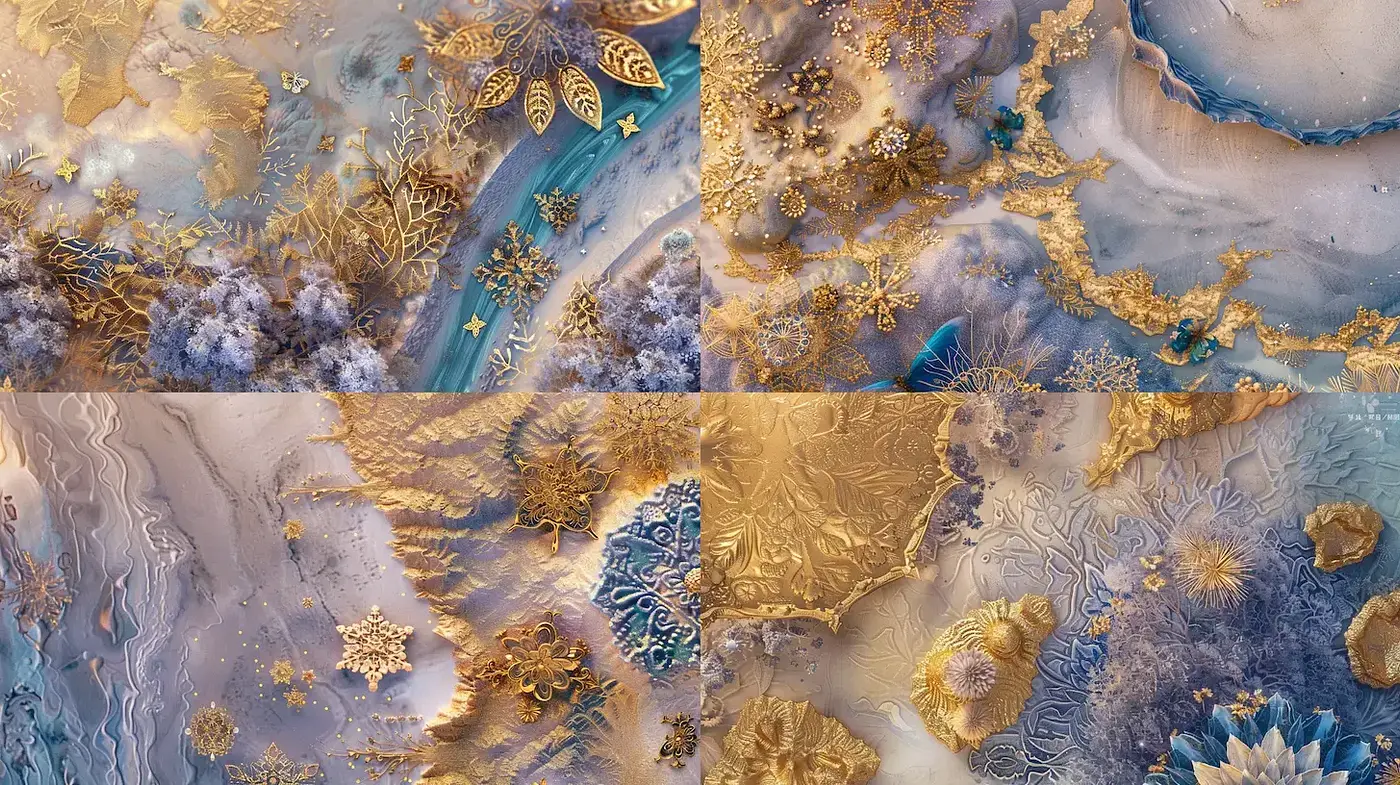 Intricate and Ethereal Textures with a Luxurious Gold and Blue Palette - Midjourney sref style