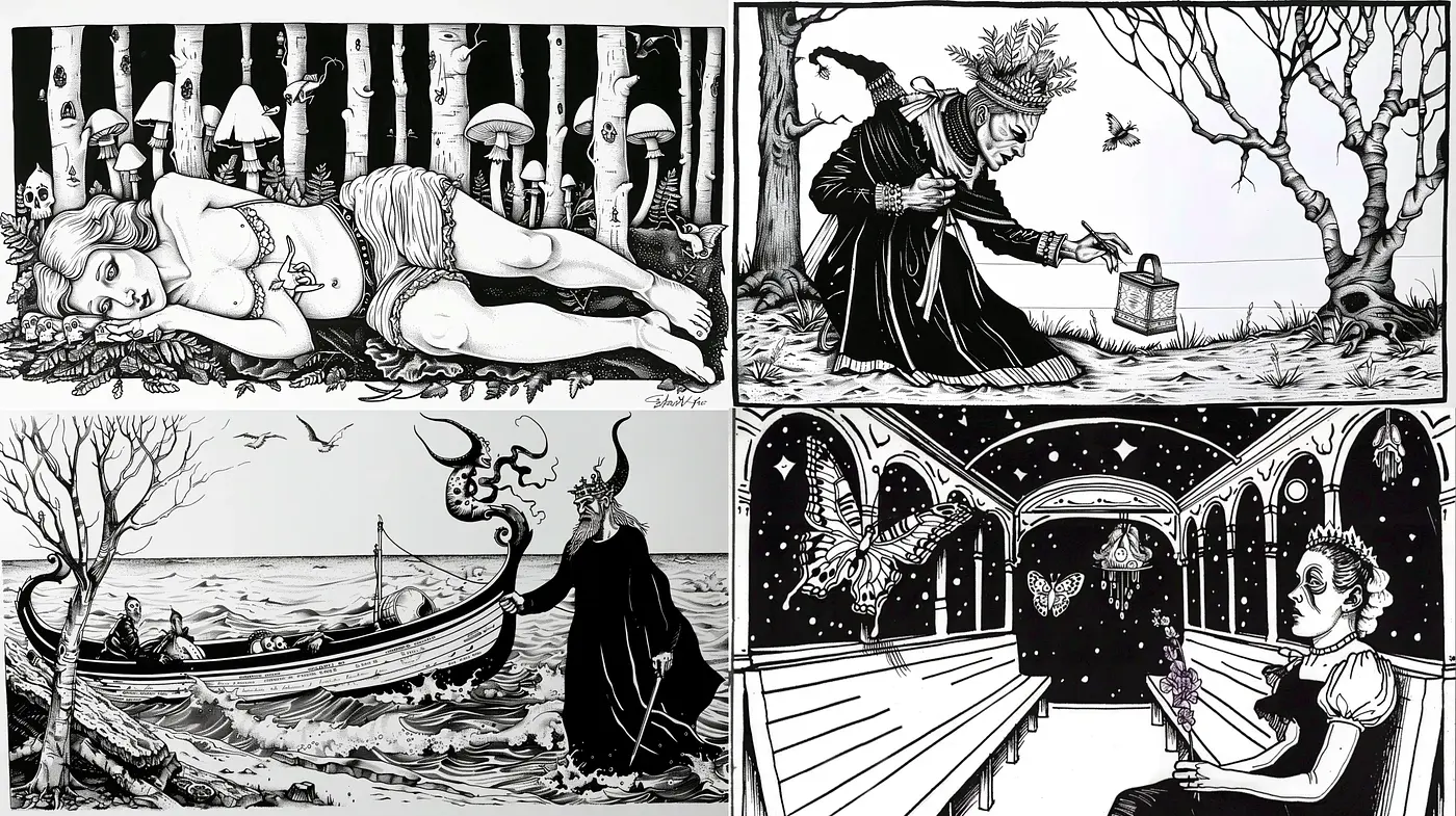 Monochromatic Tales of Surreal Narratives - Midjourney sref style