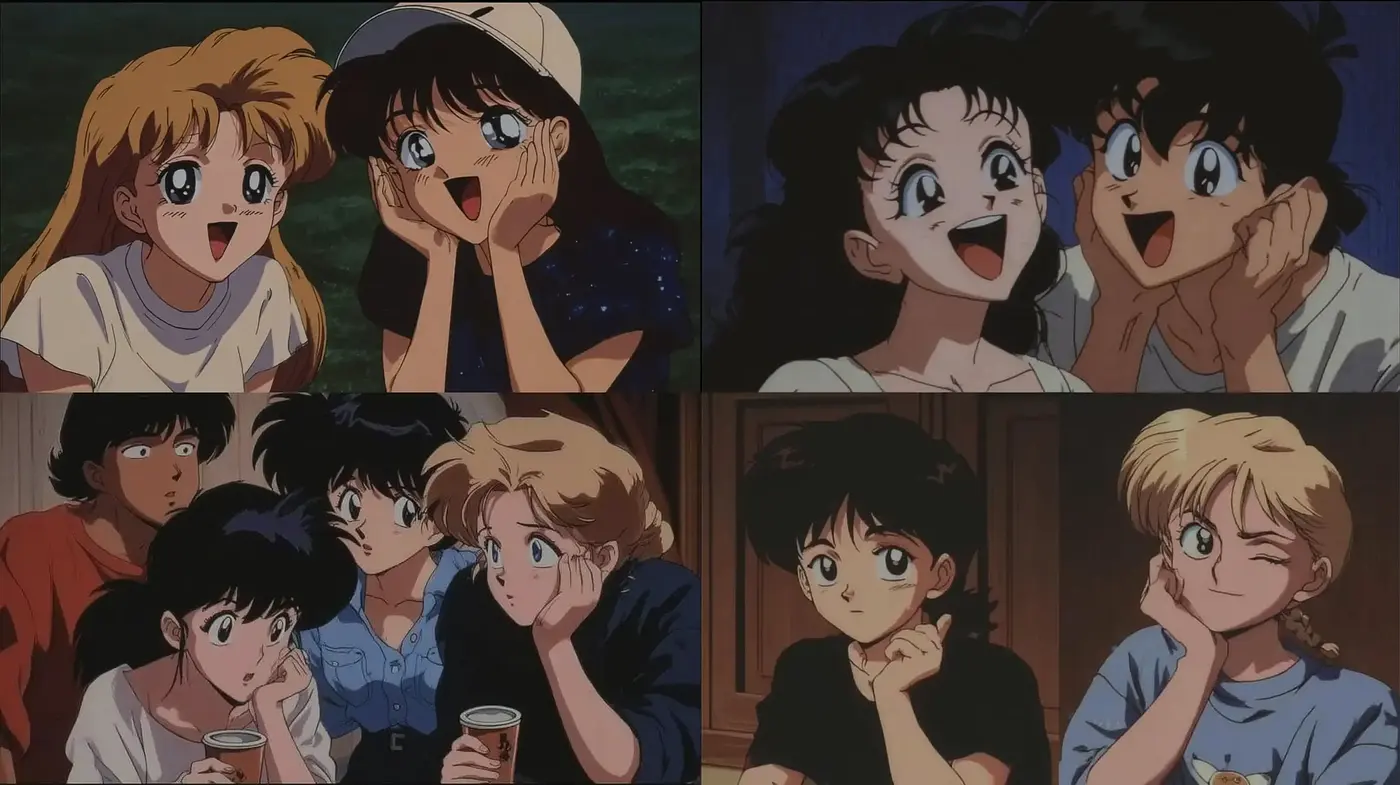 Charming, nostalgic anime style conveying friendship and joy - Midjourney sref style