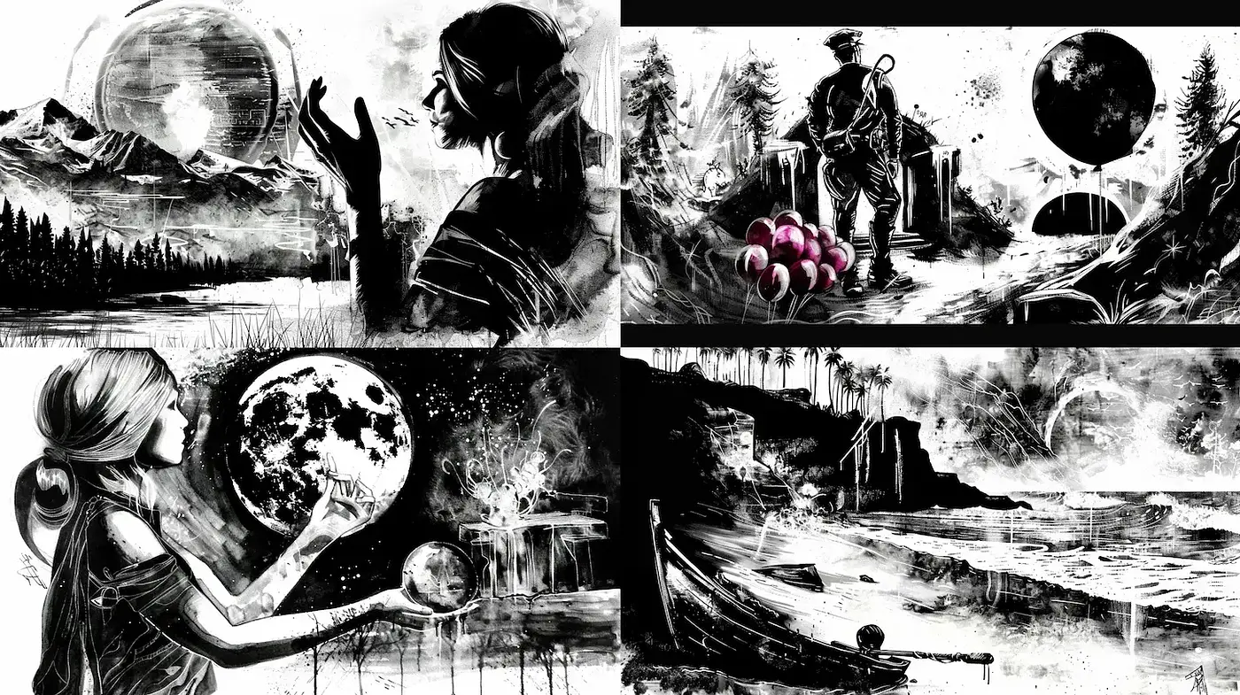 Monochromatic Dreamscape with Ink Wash Essence - Midjourney sref style
